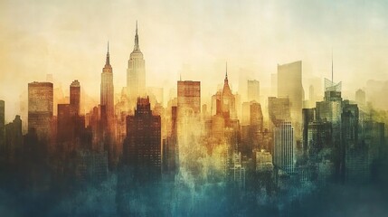 Wall Mural - Urban Skyline at Dawn with Soft Color Palette