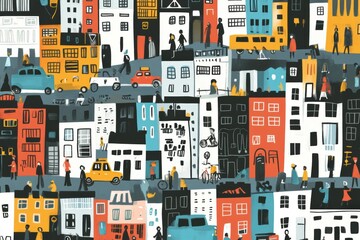 Leinwandbilder - Hand-drawn urban elements showcase a vibrant city filled with lively buildings, animated cars, and bustling pedestrians during the day. Generative AI