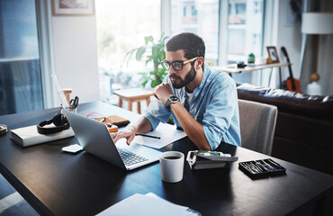 African man, coffee and laptop for remote work, research and planning in home with engineering design. Electronic engineer, tools and tech for project, hardware and headphones with pc motherboard