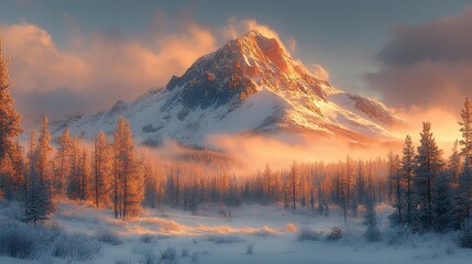 Majestic snowy mountain peak at sunrise with golden light illuminating a snow-covered forest.