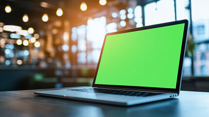 Fototapete - 3d realistic render of laptop with green screen chroma key monitor in modern office cafe with warm lighting sunlight windows real atmosphere