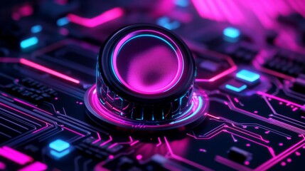 Fototapete - Close-Up of Circular Speaker with Pink and Blue Glow on Circuit Board, Black with Electronic Components, Purple Futuristic Background.