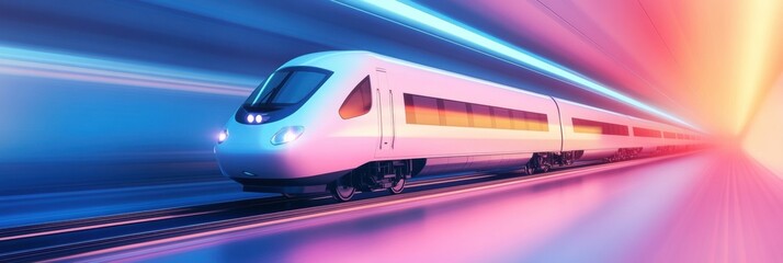 Poster - A streamlined train travels effortlessly along smooth tracks, showcasing its minimalist design against a colorful backdrop. Generative AI
