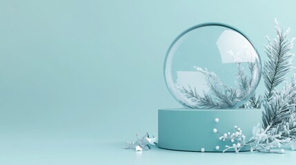 Aufkleber - A large glass snow globe sits atop a teal, circular platform. The snow globe is empty, with a faint reflection of the frosted pine branch visible in the glass.