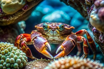 Close-up of colorful crab in natural coral reef habitat