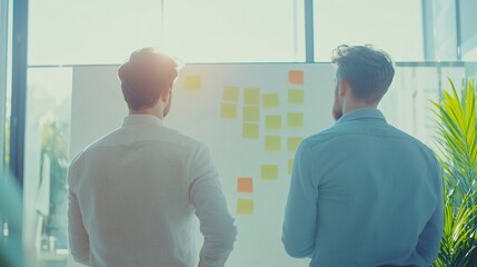 Poster - Two professionals collaborating on a brainstorming session with colorful sticky notes in a bright, modern office during the day