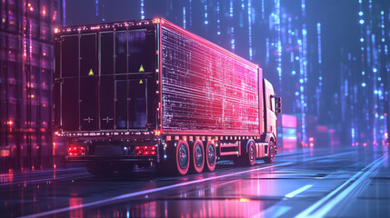 A concept graphic illustrating digital twins in logistics, showcasing a container truck integrated with technology elements.



