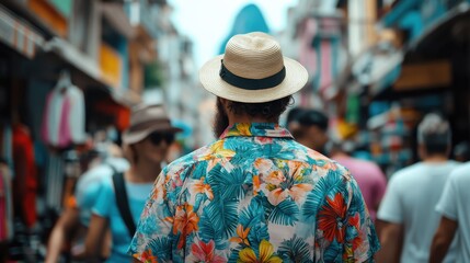 This scene shows a bearded man in a colorful Hawaiian shirt, walking amidst bustling crowds in a vibrant market street, with shops and people all around.