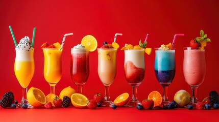Aufkleber - A vibrant display of tall glasses filled with milkshakes and fruity drinks, adorned with colorful garnishes and surrounded by fresh fruits. Generative AI