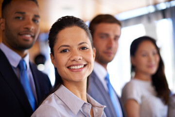 Sticker - Portrait, woman and group of business people in office together with diversity, smile and solidarity. About us, legal support and happy team with confidence, pride or management at corporate law firm