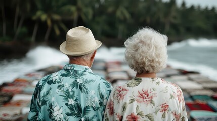 An elderly couple stands side by side, overlooking a picturesque seaside landscape, illustrating the warmth and closeness of their enduring companionship by the ocean.