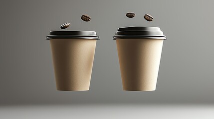 Two coffee cups with flying coffee beans creating a dynamic and energetic coffee theme.