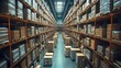 © Amirian - A vast warehouse with high shelves stacked with boxes.  The aisles are empty and the lighting is bright.  A sense of order and efficiency.