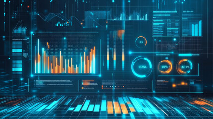 A dashboard showcasing data analytics reports and key performance indicators, featuring analytic graphs and bar diagrams. This financial visualization is presented as an infographic design in vector f