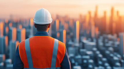 A construction worker in safety gear observes a city skyline at sunset, symbolizing dedication and progress in urban development.