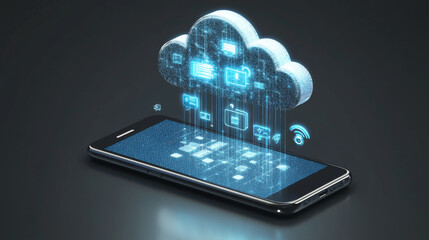  Illustrate a smartphone with a glowing screen displaying a 3D isometric simulation of digital technology and cloud services.