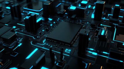 Poster - Abstract Circuitry:  Blue Glowing Lines on Black Motherboard