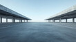 © Sahraya - An empty concrete floor designed for a car park, set against a 3D rendering of an abstract building with mountains and a blue sky in the background.