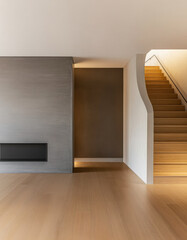 Modern interior design featuring minimalist staircase and sleek walls in a contemporary setting