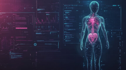 A futuristic healthcare software HUD background in a sci-fi cyberpunk style. This head-up display features patient monitoring software, a UI dashboard, and a 3D human body scan, presented as a vector 