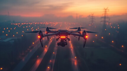 Poster - A drone navigates through a twilight city, its lights reflecting on the roads below. The horizon glows with a blend of colors, showcasing the beauty of urban life at dusk.