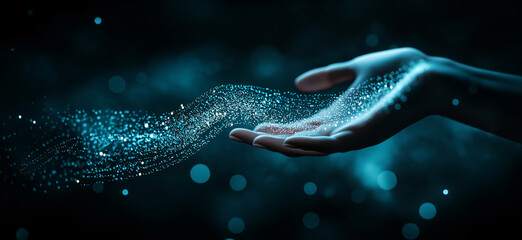 Wall Mural - A human hand interacting with a digital flow of particles, symbolizing the connection between humans and advanced technology, representing innovation, data flow, and digital transformation