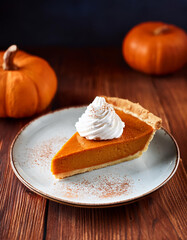 Wall Mural - Slice of delicious pumpkin pie with whipped cream. Classic american dessert. Tasty sweet food