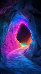 Sticker - Neon lights casting a surreal glow in a cave, with a glimpse of the starry night sky visible through the opening