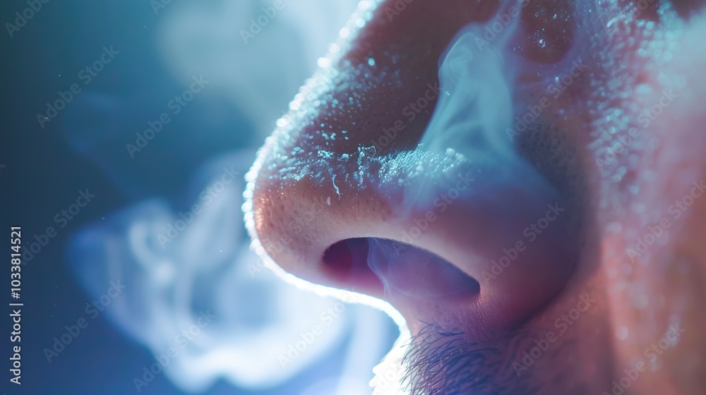 Close-up of human nose during inhalation, capturing the subtle rise and ...