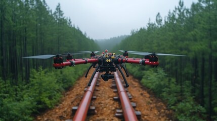 Poster - A drone is navigating over railway tracks surrounded by dense green trees in a misty atmosphere, showcasing the tranquil beauty of nature and technology.