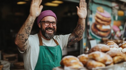 A cheerful baker with tattoos and a beanie, wearing a green apron, enthusiastically raises his flour-dusted hands among freshly baked pastries in a bustling shop.