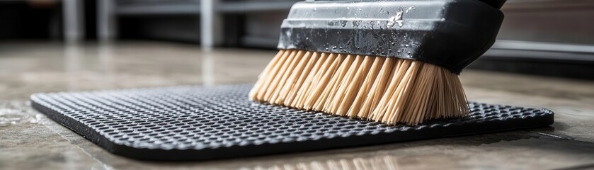 Brush scrubbing a non-slip rubber mat from a kitchen floor, removing grime and maintaining safety in the workspace