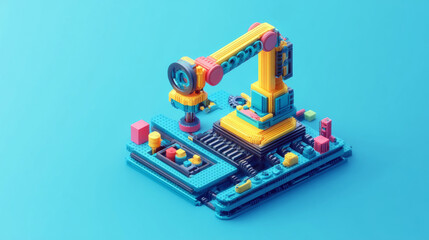 Wall Mural - An abstract, colorful machine representing Industry 4.0, viewed from above, set on a textured background in a 3D illustration.



