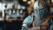 ©  Shomixer - A knight clad in blue armor sits in a modern coffee shop, representing a unique mix of medieval traditions and contemporary lifestyle in an imaginative setting.