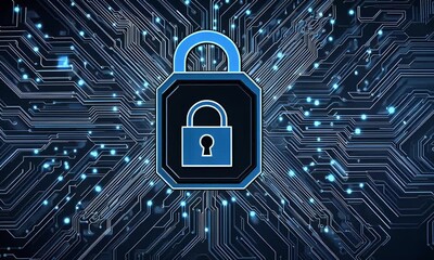 Poster - Blue digital security background with a lock symbol and circuit board patterns, representing data protection or cyber privacy concepts.