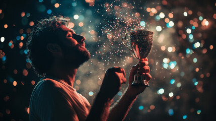 a low-key image of a man holding a trophy cup against a dark background, enhanced with a glitter ove