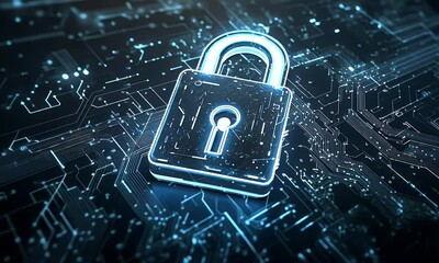 Poster - Blue digital security background with a lock symbol and circuit board patterns, representing data protection or cyber privacy concepts.