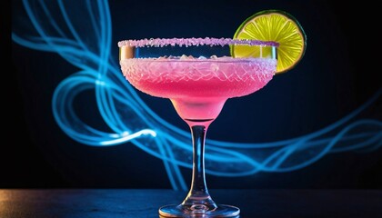 Wall Mural - Pink Margarita Cocktail with Sugar Rim and Lime Wedge in Blue Smoke