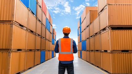 Worker in helmet and vest observing shipping containers in a logistics yard under a clear blue sky.