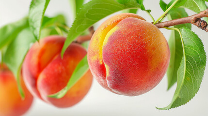 Wall Mural - Close-up of a ripe peach on a branch with soft lighting and green leaves, evoking a natural summer feel