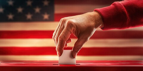 A hand casting a ballot into a red voting box with an American flag backdrop, symbolizing democracy and civic engagement.