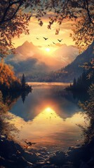 Poster - Scenic mountain lake with golden sunset reflection, birds in flight, and vibrant foliage