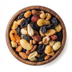 top view of a wooden bowl filled with mixed dry fruits isolated on white background