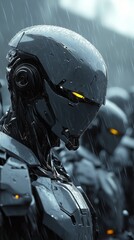 Wall Mural - Powerful robot soldiers stand in the rain, exuding strength and danger in a dystopian future. A fusion of man and machine in a cyberpunk setting