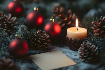 Poster - A Christmas tree with red and gold ornaments and a candle. The candle is lit and the tree is surrounded by pine cones