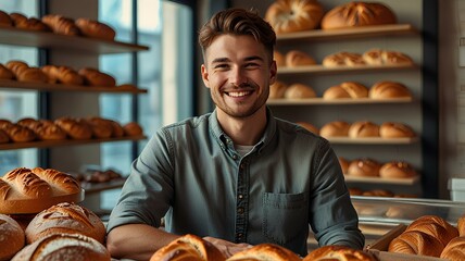 Young man smiling in bakery surrounded by freshly baked bread in sunny interior of shop.