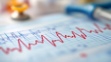 Aufkleber - A heart rate monitor reading shows fluctuating lines representing a patient's heartbeat. Medical tools like a stethoscope are blurred in the background, indicating a clinical setting.