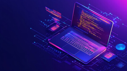A conceptual representation of software and web development, showcasing abstract programming languages and code displayed on a laptop screen. The design features a polygonal style, emphasizing themes 