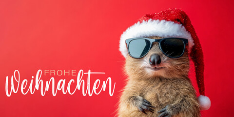 Wall Mural - frohe weihnachten urlaub winter hintergrund grußkarte mit deutschem text - cooler quokka mit weihnac