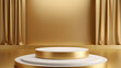 © Pickypict - Golden luxurious fabric or cloth placed on top pedestal or blank podium shelf on gold background with luxury concept. Museum or gallery backdrops for product. 3D rendering